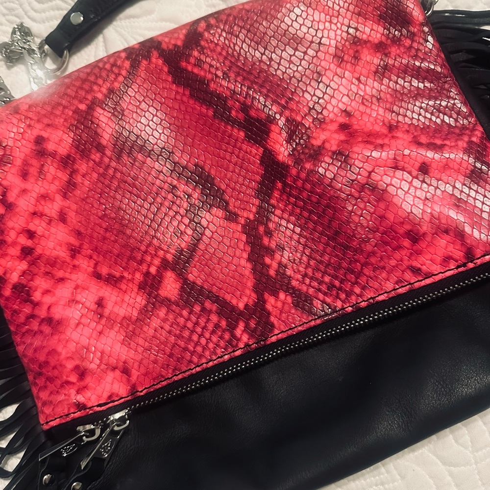 Ash Leather Hot Pink Snake Print Purse with Black Fringe